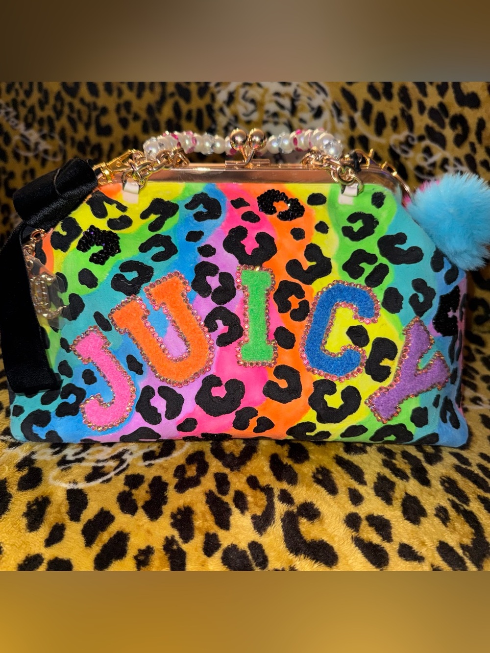 🌈NWT Custom Juicy Couture Neon Leopard Print Lisa Frank Kiss Lock Clutch Bag🌈 - Picture 4 of 10